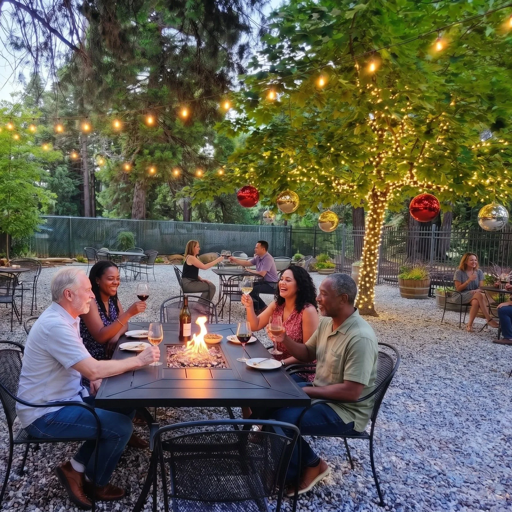 People dining outdoors at night under a large tree decorated with string lights and hanging Christmas ornaments, with a fire feature in the center of the table.