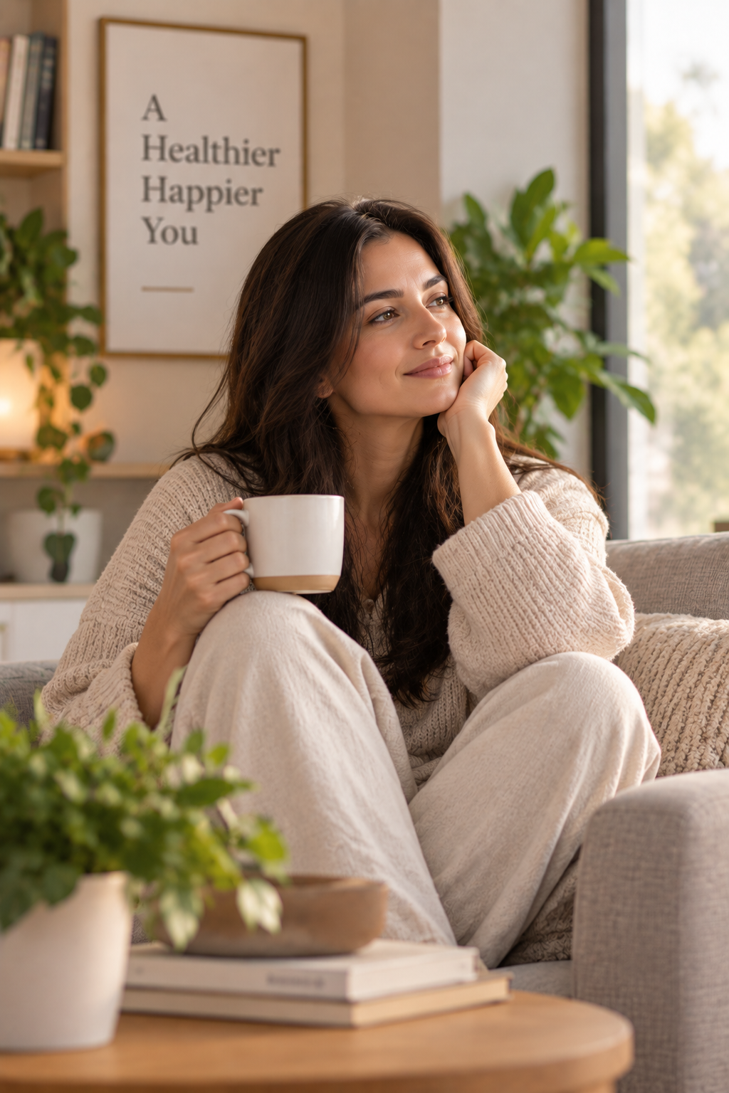 A woman sitting on a beige sofa with a cup of coffee, looking thoughtfully out a window. There are green plants and a framed sign that reads 'A Healthier Happier You' in the background.