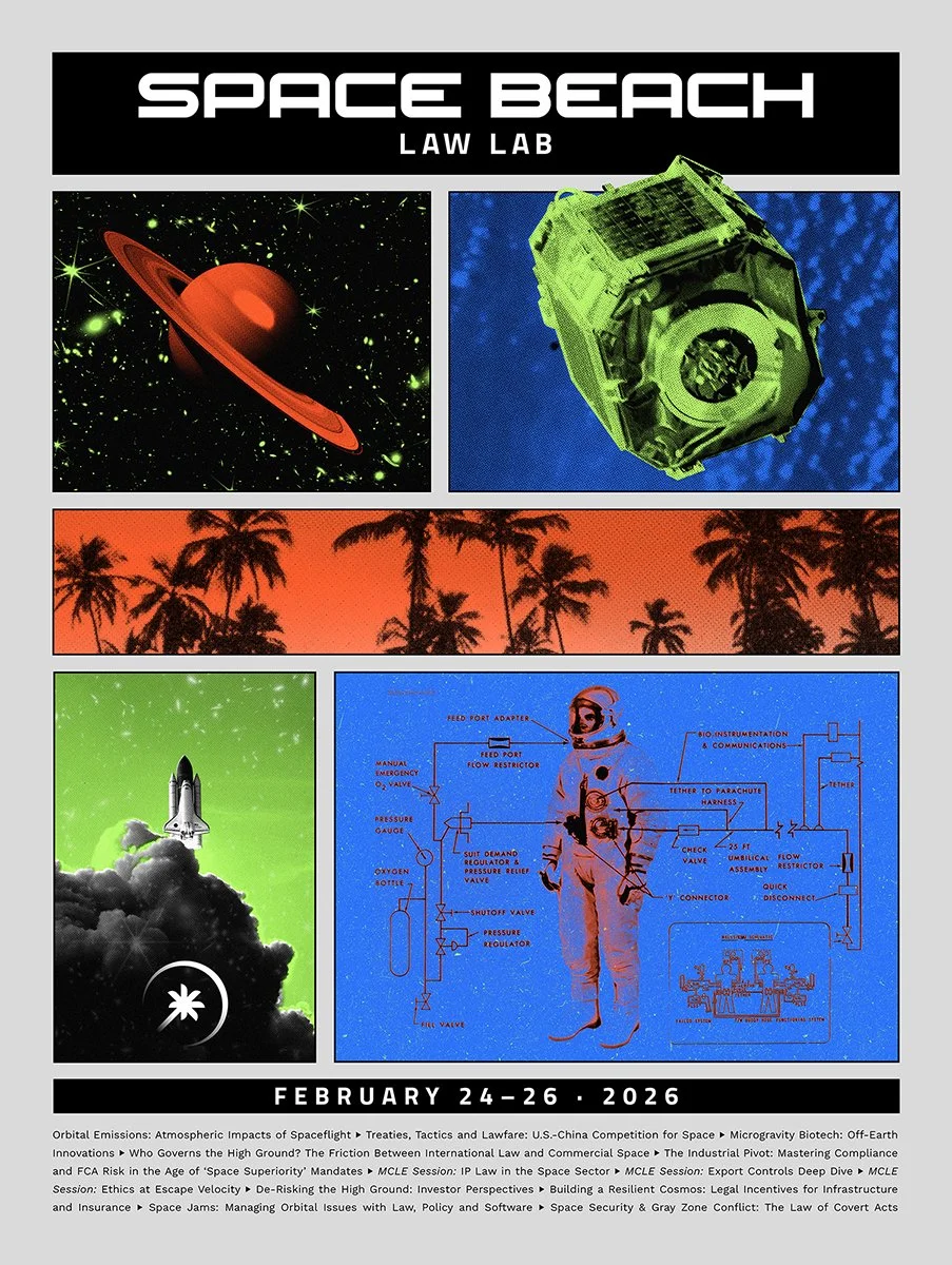 Mixed media digital collage poster design by Michael Burk Studio for Space Beach Law Lab 2026 in Long Beach, California