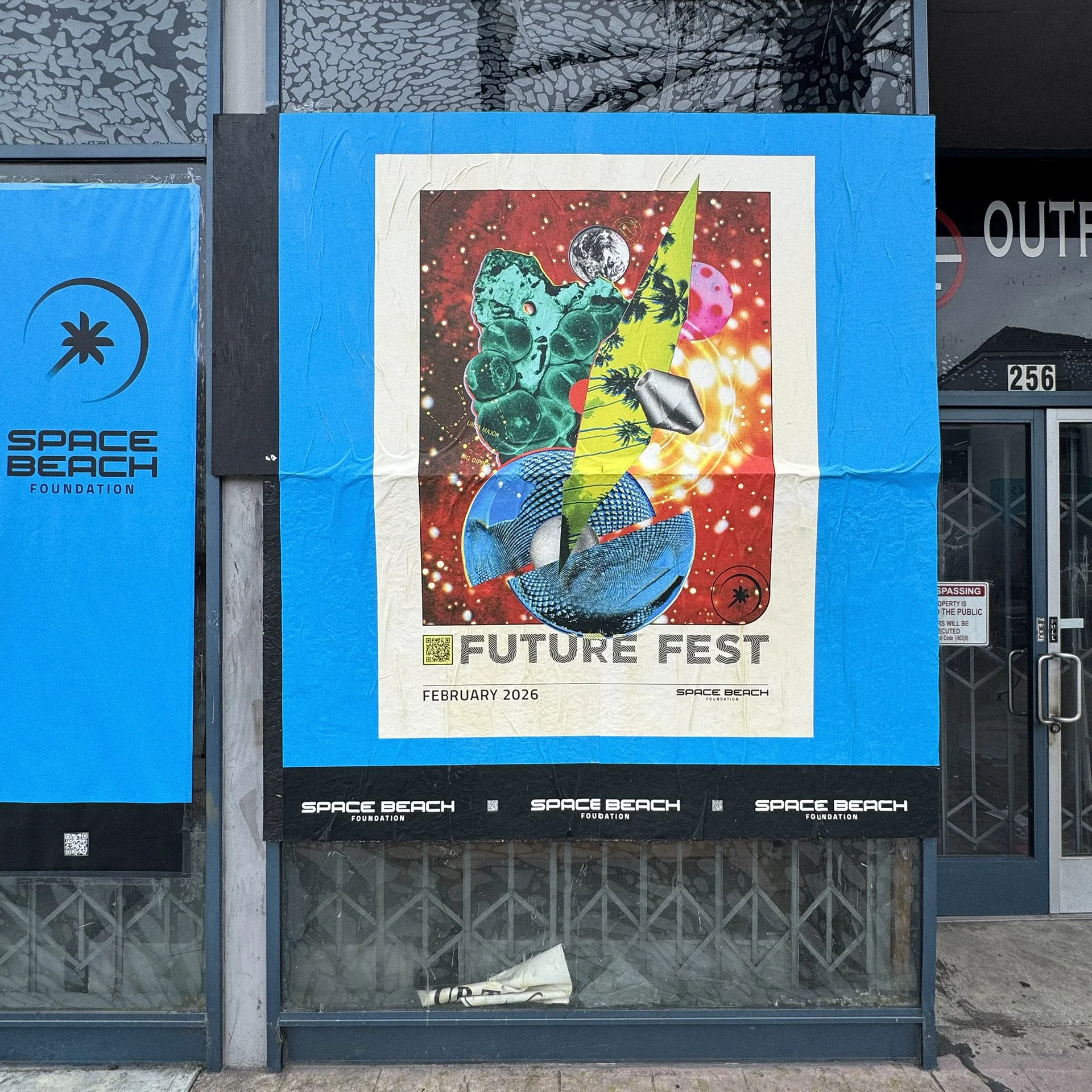 Space Beach Foundation Future Fest 2026. Mixed media digital collage poster designs by Michael Burk Studio. Wildpostings in Long Beach, California