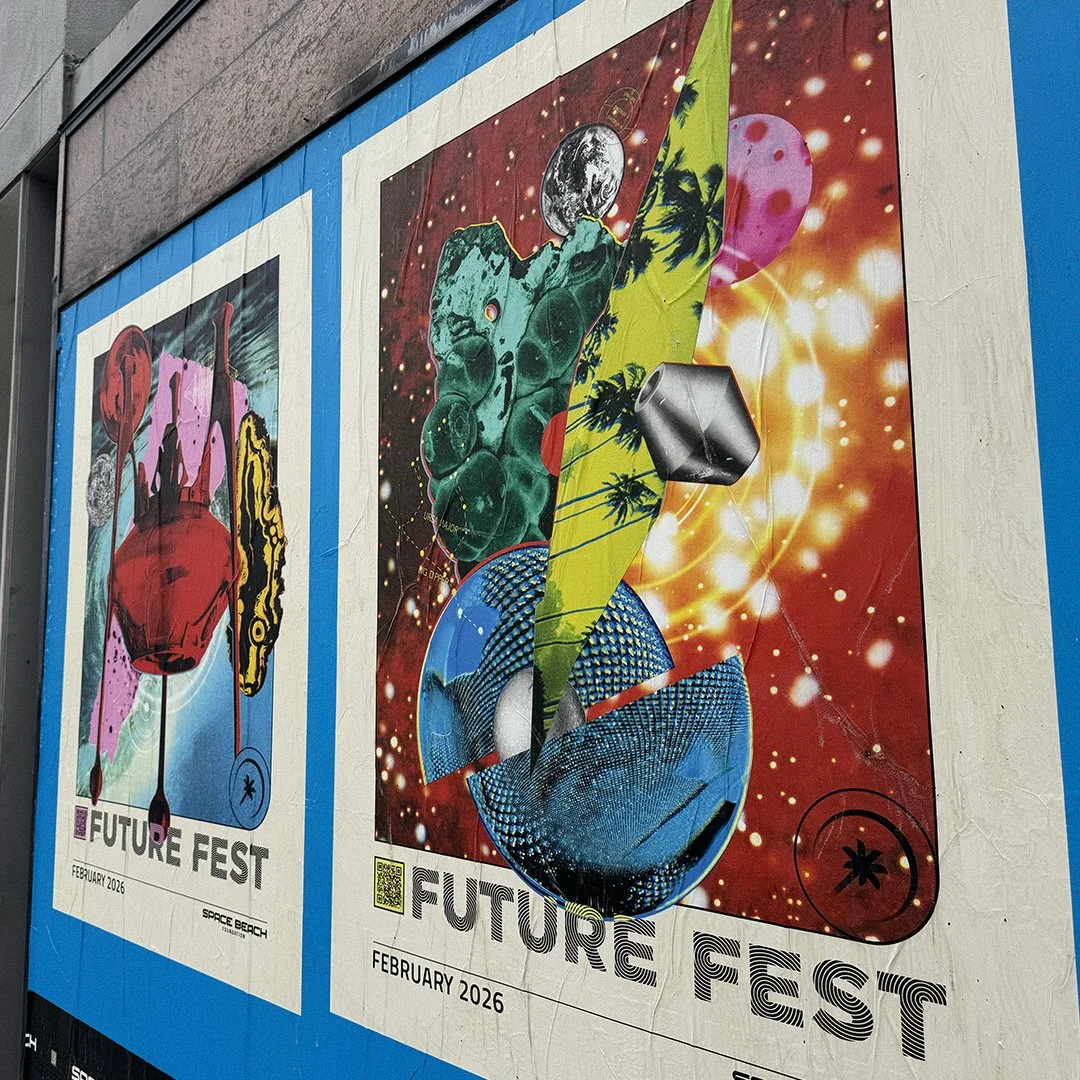 Space Beach Foundation Future Fest 2026. Mixed media digital collage poster designs by Michael Burk Studio. Wildpostings in Long Beach, California