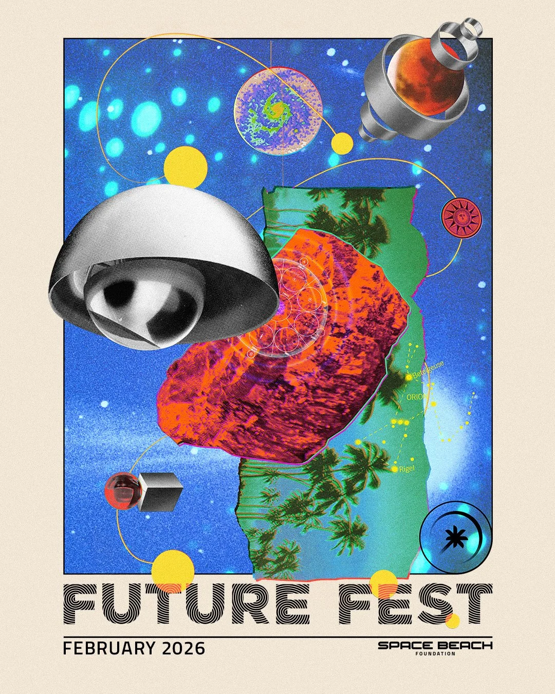 Space Beach Foundation Future Fest 2026. Mixed media digital collage poster design by Michael Burk Studio