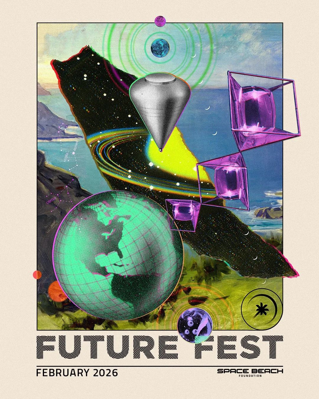 Space Beach Foundation Future Fest 2026. Mixed media digital collage poster design by Michael Burk Studio