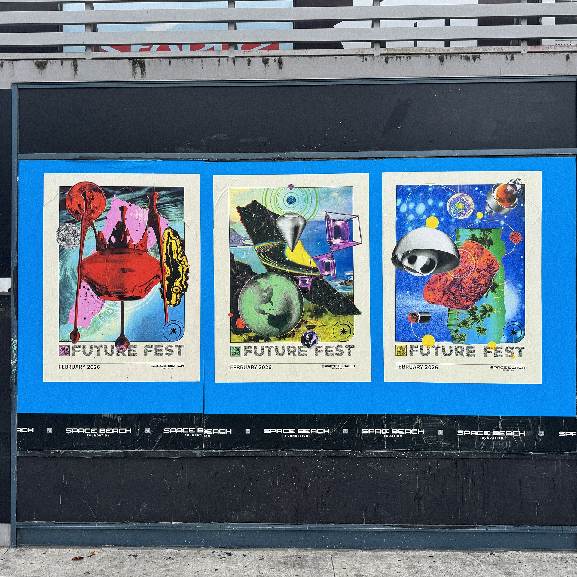 Space Beach Foundation Future Fest 2026. Mixed media digital collage poster designs by Michael Burk Studio. Wildpostings in Long Beach, California