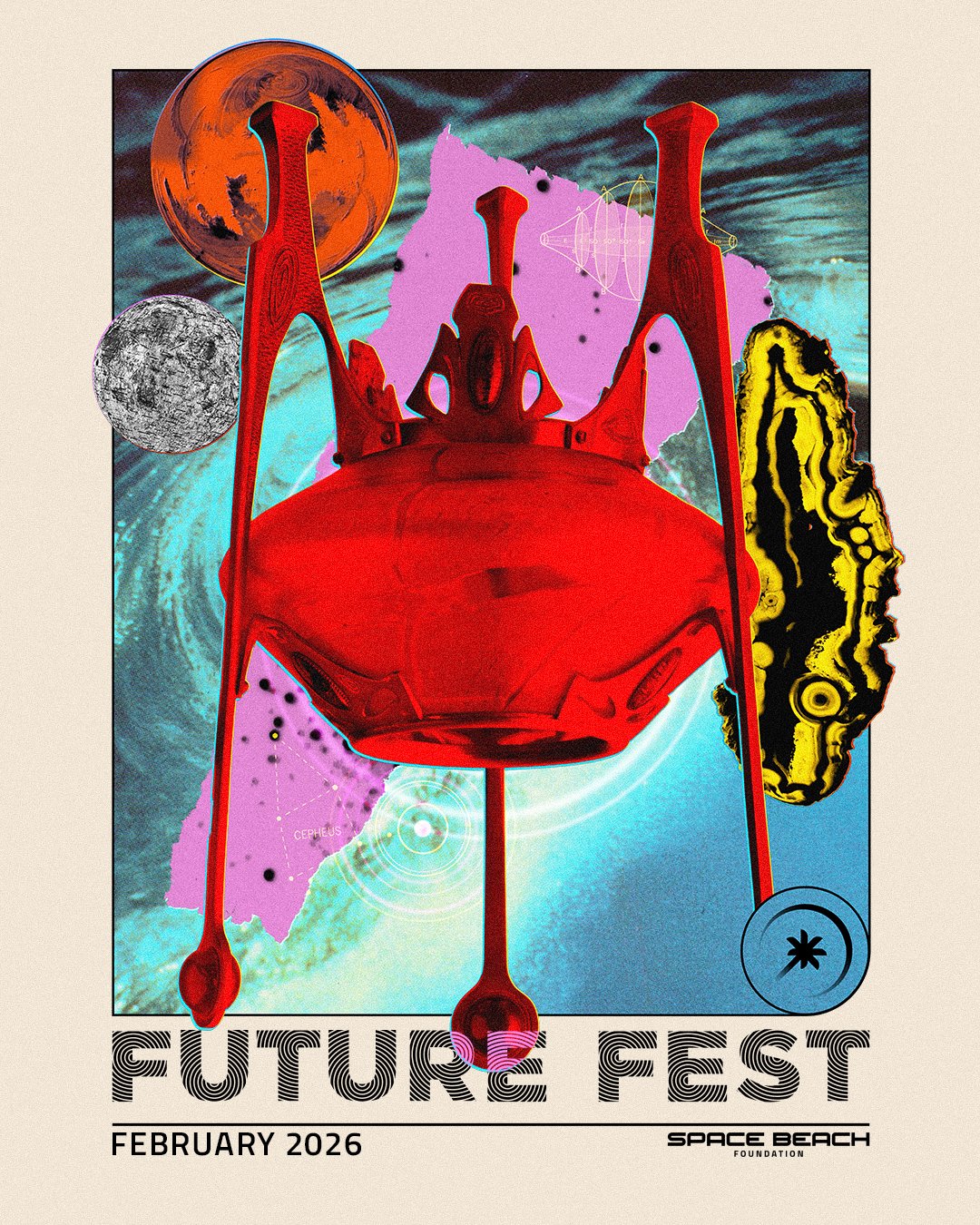 Space Beach Foundation Future Fest 2026. Mixed media digital collage poster design by Michael Burk Studio