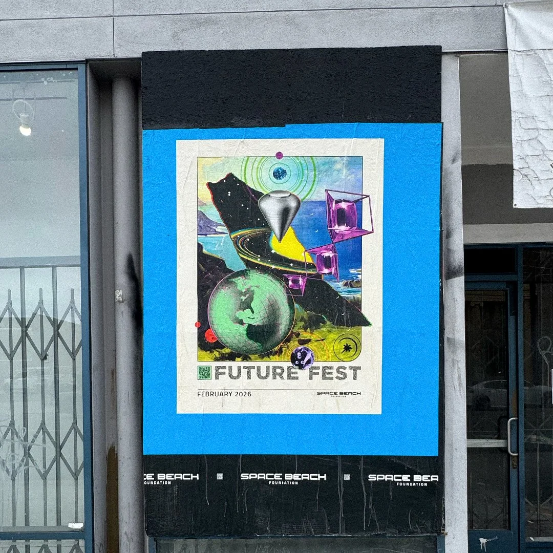 Space Beach Foundation Future Fest 2026. Mixed media digital collage poster designs by Michael Burk Studio. Wildpostings in Long Beach, California