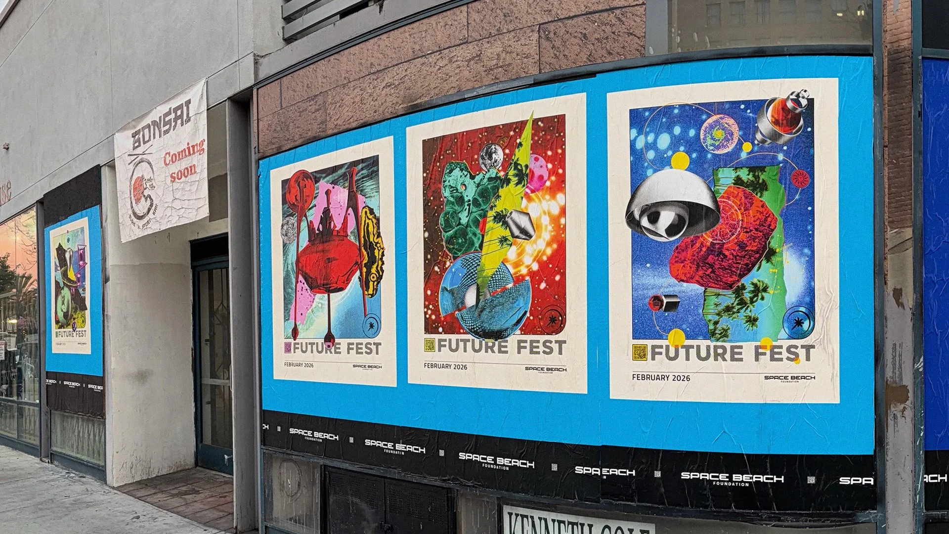 Space Beach Foundation Future Fest 2026. Mixed media digital collage poster designs by Michael Burk Studio. Wildpostings in Long Beach, California