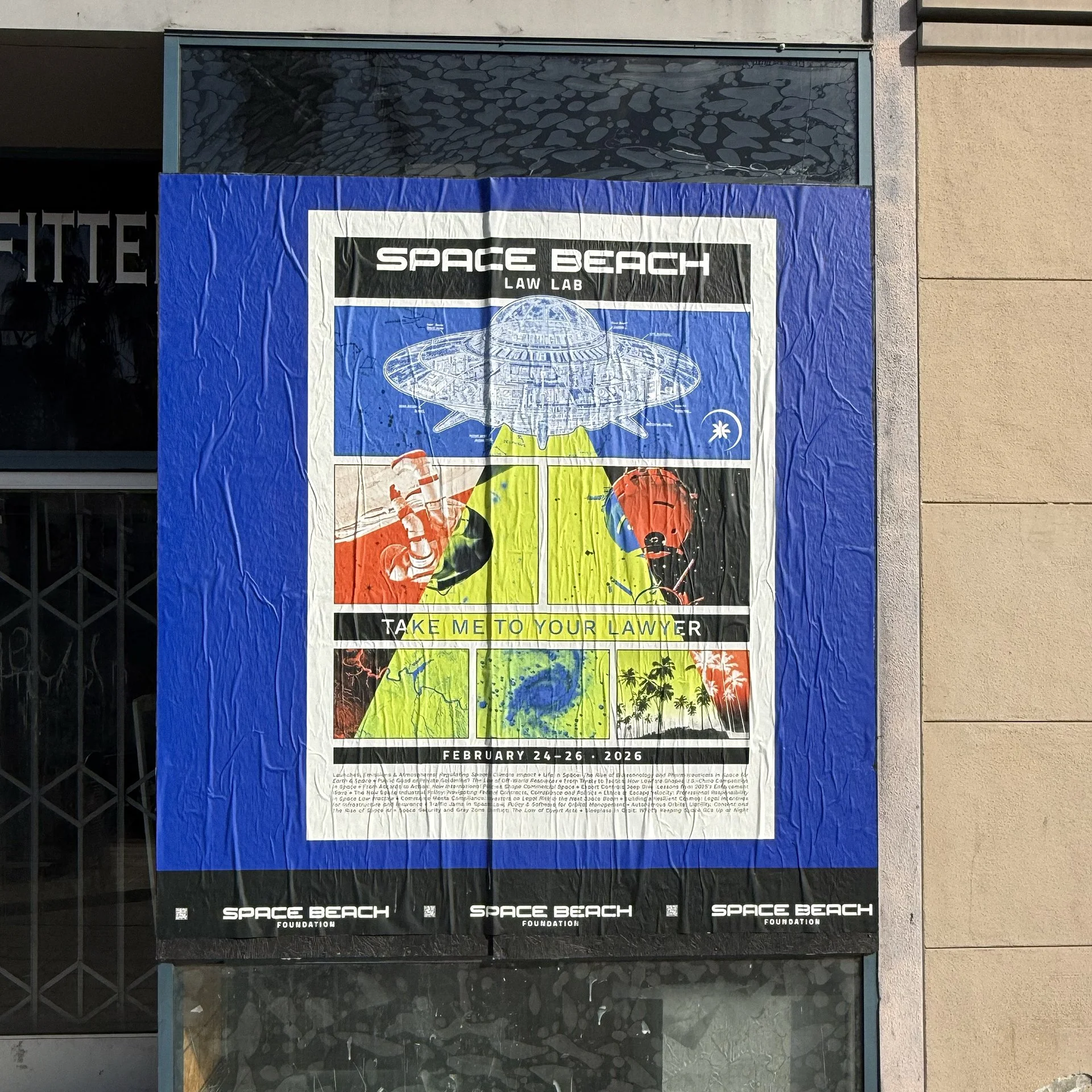 Mixed media digital collage poster design by Michael Burk Studio for Space Beach Law Lab 2026 in Long Beach, California