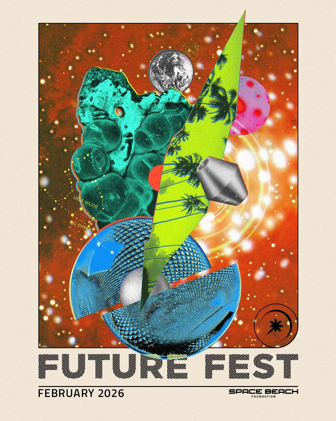 Space Beach Foundation Future Fest 2026. Mixed media digital collage poster design by Michael Burk Studio