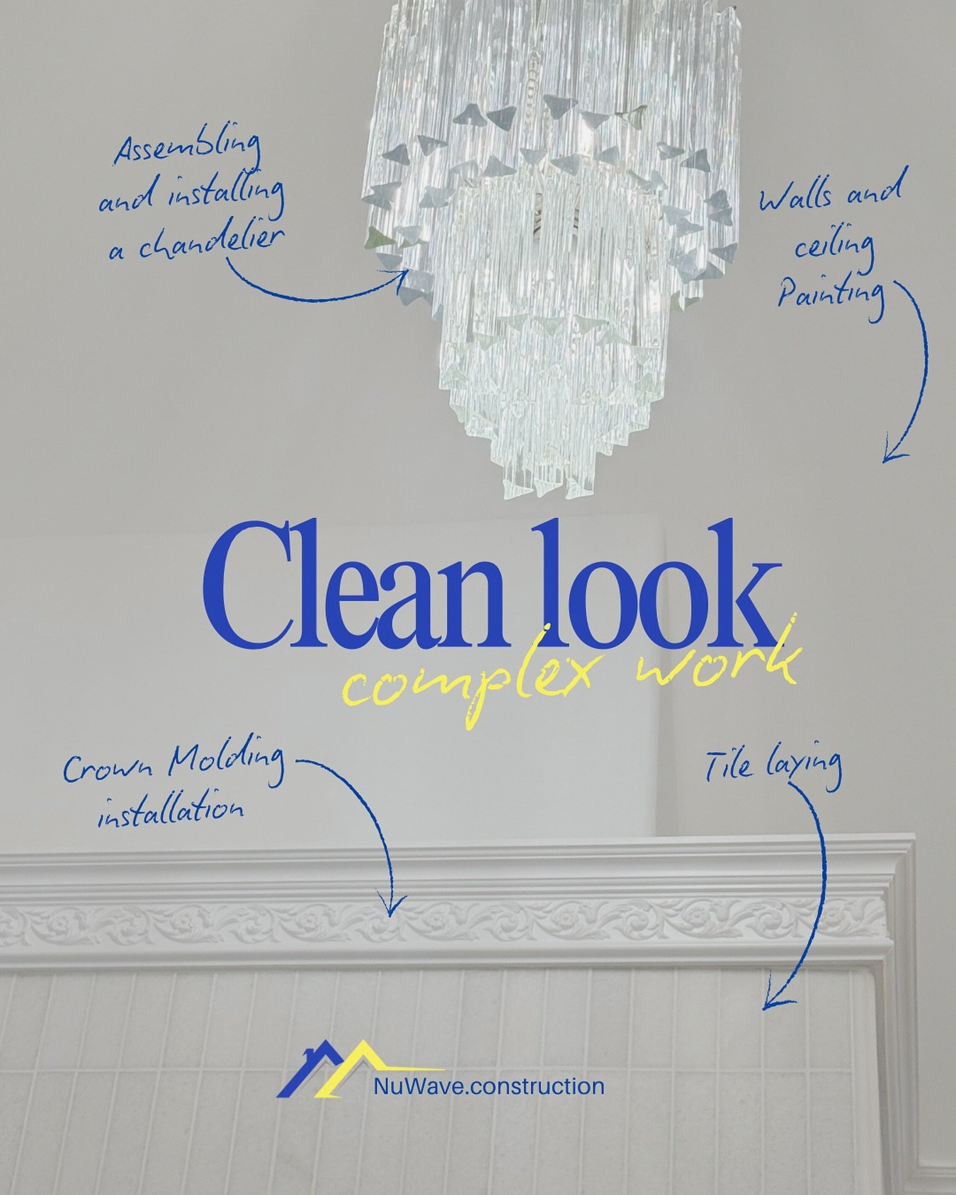 ✨ Clean Look. Complex Work✨

A flawless finish always starts with the right details.
Our team handles every step &mdash; from assembling and installing chandeliers to tile laying, crown molding installation, and wall and ceiling painting.

Each layer