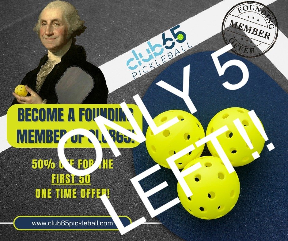 Down to the last 5 founding memberships up for grabs! get yours today while we still have this promotion available!

www.club65pickleball.com/becomeafoundingmember