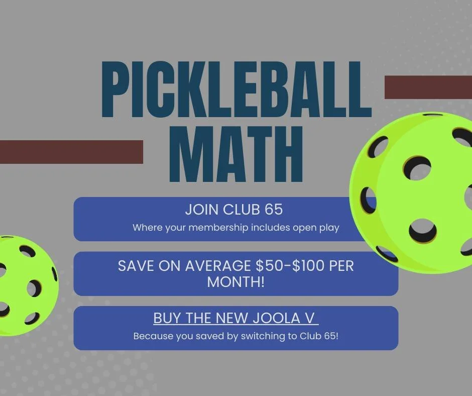 Pickleball Math is simple! 

SAVE money each month when you are a member of CLUB 65 ...

Buy more paddles with all the money you will save!
