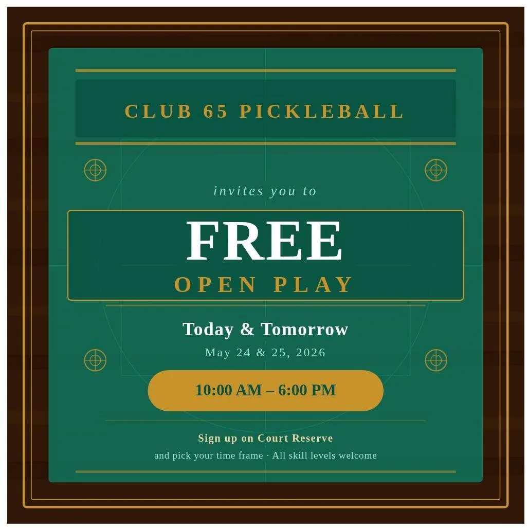 🎉 FREE OPEN PLAY at Club 65 Pickleball!

Join us TODAY &amp; TOMORROW &mdash; May 24 &amp; 25 from 10:00 AM &ndash; 6:00 PM

Sign up on Court Reserve and pick your time frame. All skill levels welcome!

#Club65Pickleball #FreeOpenPlay #Pickleball #P