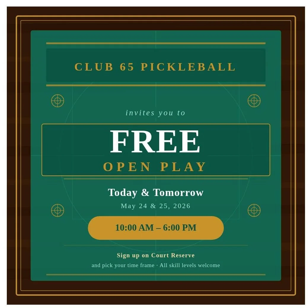 🎉 FREE OPEN PLAY at Club 65 Pickleball!

Join us TODAY &amp; TOMORROW &mdash; May 24 &amp; 25 from 10:00 AM &ndash; 6:00 PM

Sign up on Court Reserve and pick your time frame. All skill levels welcome!

#Club65Pickleball #FreeOpenPlay #Pickleball #P