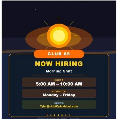 🌅 We're Hiring at Club 65!

We're looking for a motivated and reliable team member to join us for our morning shift!

⏰ Hours: 5:00 AM &ndash; 10:00 AM
📅 Schedule: Monday &ndash; Friday

If you're an early riser who loves a great work environment, 