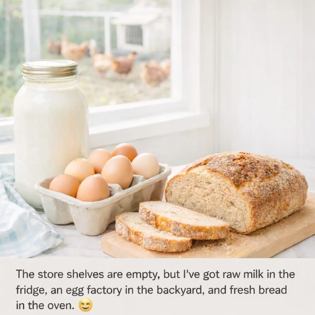 As we prepare for this winter weather, I&rsquo;m feeling incredibly grateful for a different kind of preparation. 🥖 🥚 🥛. There&rsquo;s a quiet peace knowing there&rsquo;s milk in the fridge, hens in the backyard laying eggs, and fresh baked bread 