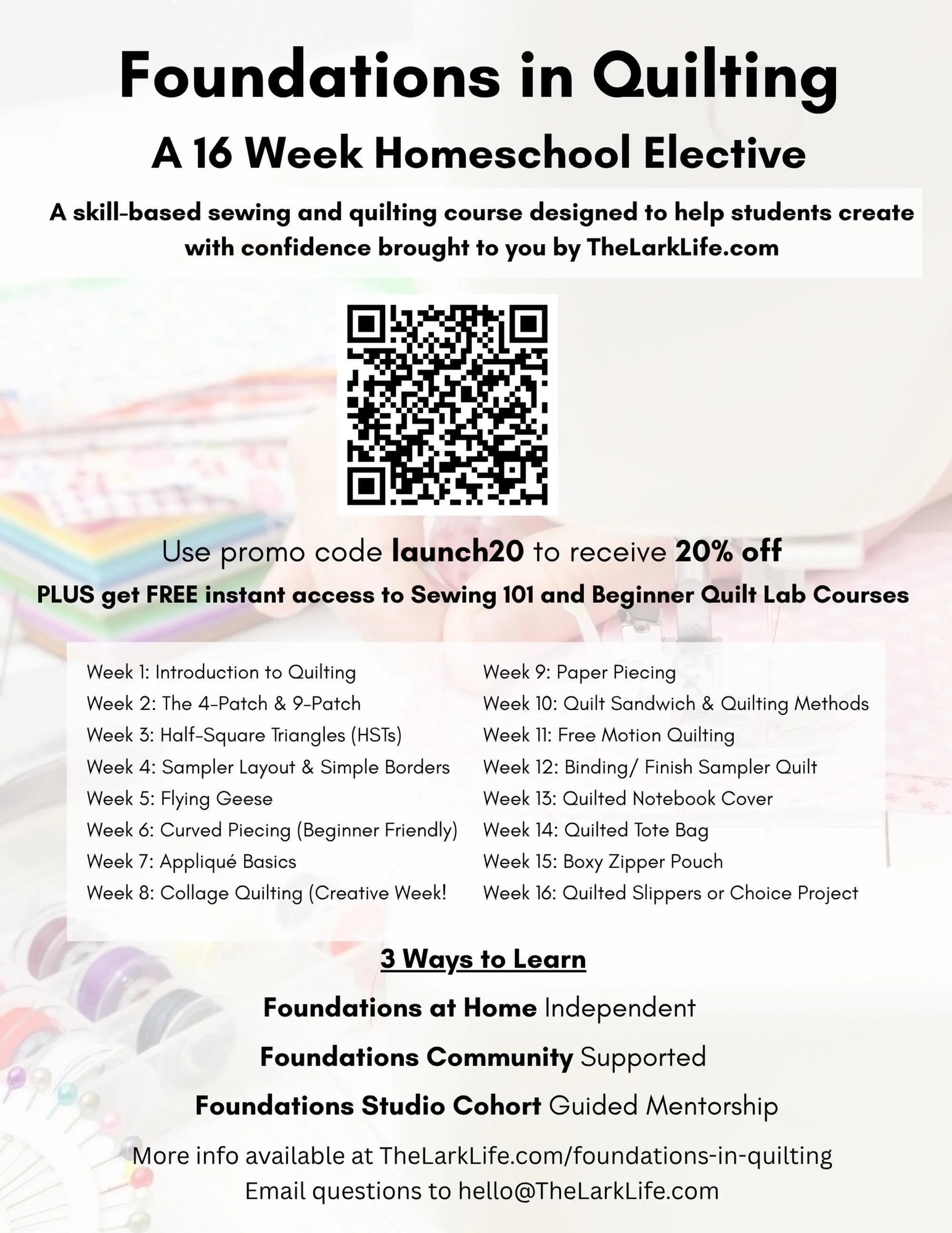 I&rsquo;m so excited to finally share this with you&hellip;

Over the past several months, I&rsquo;ve been quietly working on something that has been on my heart for a long time, a quilting course designed specifically for homeschool students. 

Foun