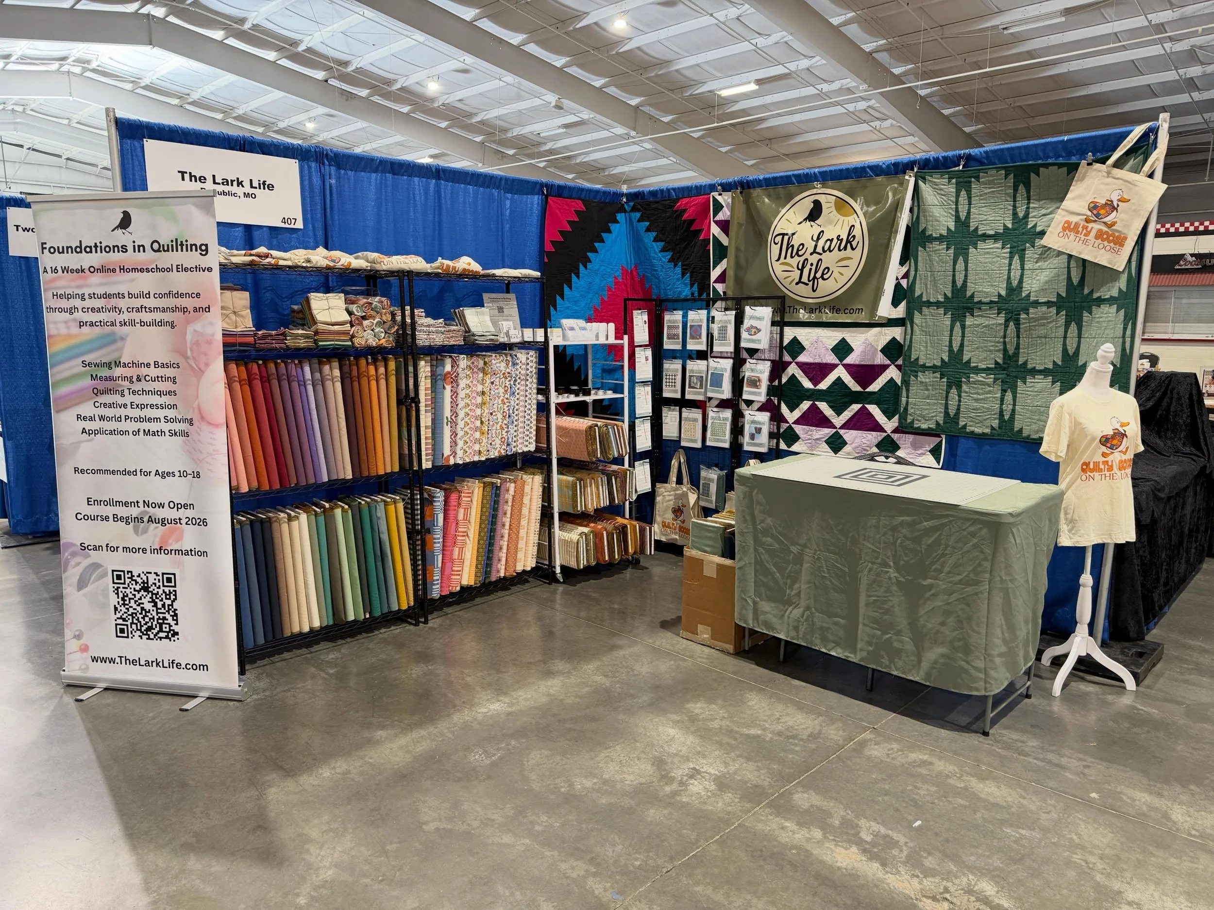 We&rsquo;re all set up and ready for a wonderful weekend at the Ozark Piecemakers Quilt Show at the Ozark Empire Fairgrounds!

Stop by The Lark Life booth to shop a beautiful selection of Fableism fabrics, original quilt patterns, and other handmade 