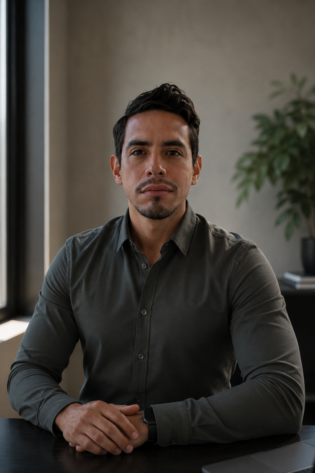 A young man with dark hair and facial hair, wearing a dark green button-up shirt, sitting at a black table in a modern office with neutral-colored walls, a potted plant, and a window in the background.