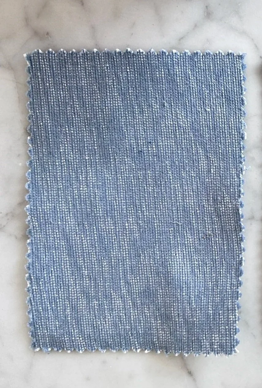 Aspen, Chambray Blue.  Certification: GOTS, the Global Organic Textile Standard.  Content: 100% organic cotton.  Directionality: Railroaded*.  Weight: 11 oz yd2 / 362 gm m2