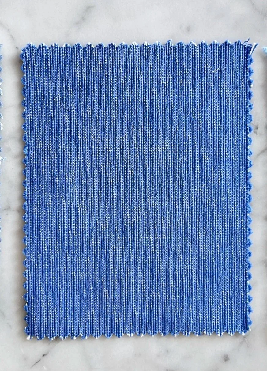 Aspen, Lake Blue.  Certification: GOTS, the Global Organic Textile Standard.  Content: 100% organic cotton.  Directionality: Railroaded*.  Weight: 11 oz yd2 / 362 gm m2