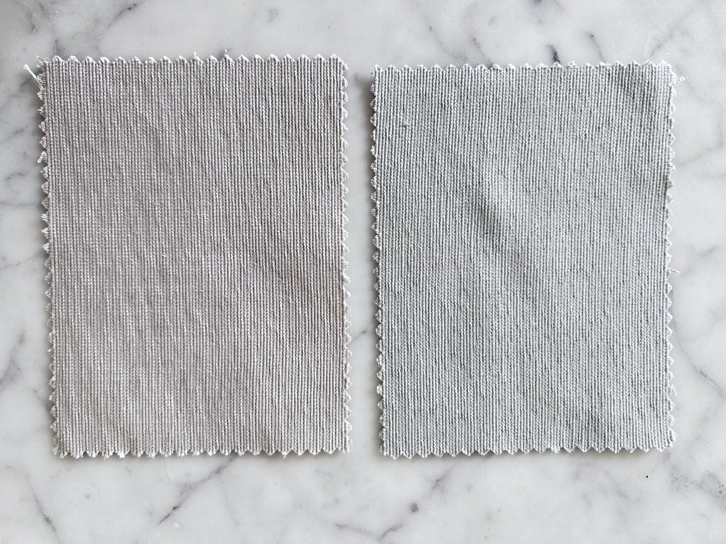 Aspen Light Grey (Left), Aspen Cloud (Right).  Certification: GOTS, the Global Organic Textile Standard.  Content: 100% organic cotton.  Directionality: Railroaded*.  Weight: 11 oz yd2 / 362 gm m2