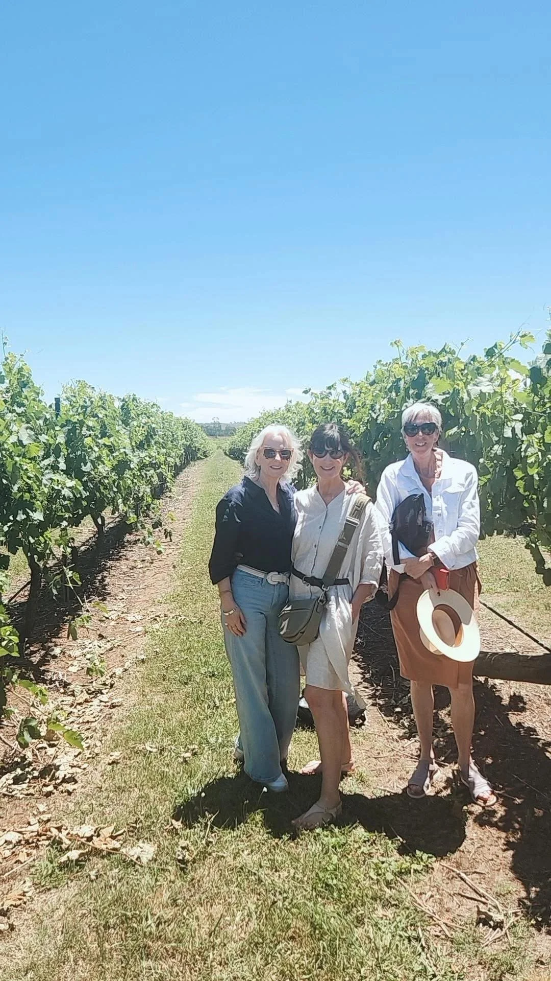 Three women standing together in a vineyard under a bright blue sky, smiling and enjoying a sunny day.