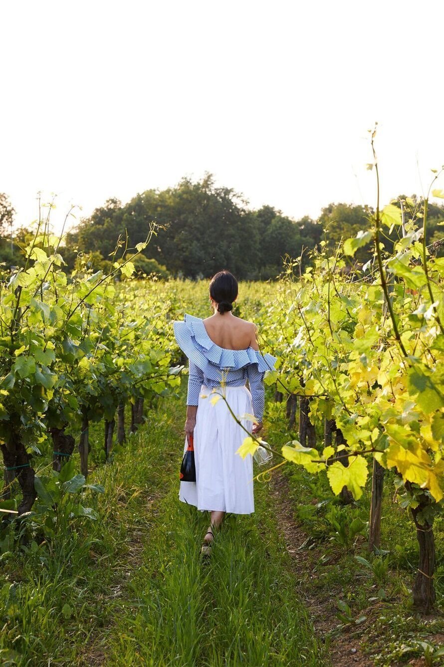 A woman walking through a vineyard during daylight, wearing a white skirt and a blue striped off-the-shoulder top with ruffles.