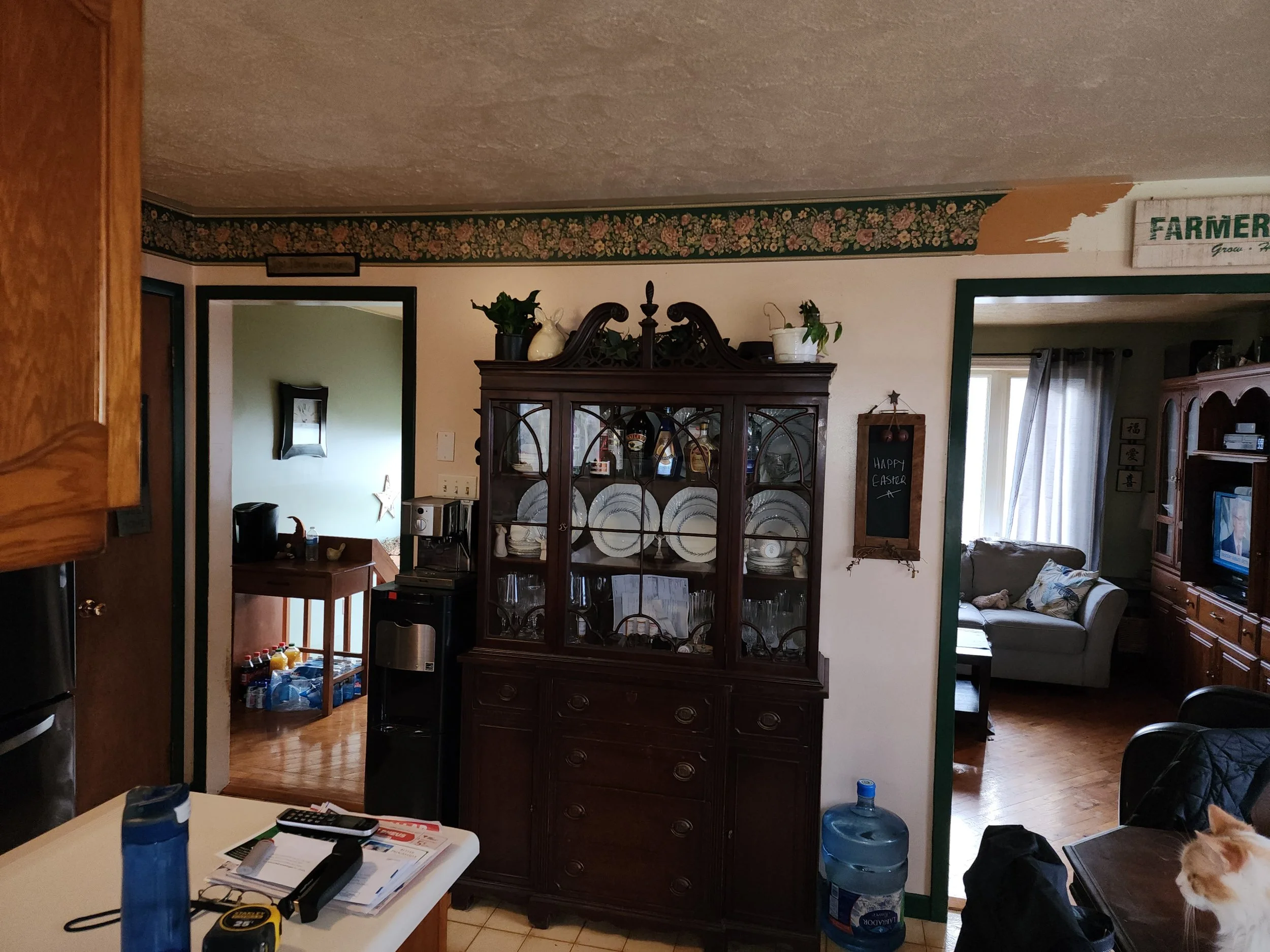 The image shows a living room with a dark wooden china cabinet displaying various dishes, a water jug on the floor, and a partially visible ginger and white cat on a table at the right edge of the photo. In the background, a doorway leads to a room w