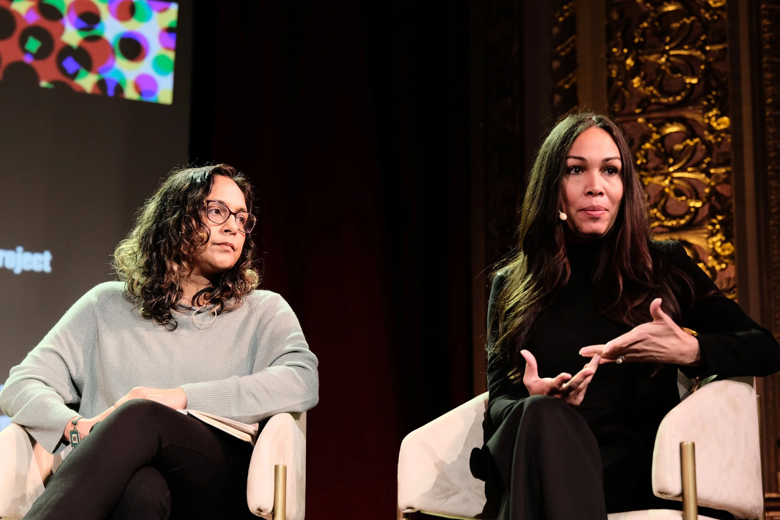 Tech Justice Law Project Director Meetali Jains listens to lawyer, mother and advocate Megan Garcia during their panel, “Chatbots as the New Threat to Children Online".