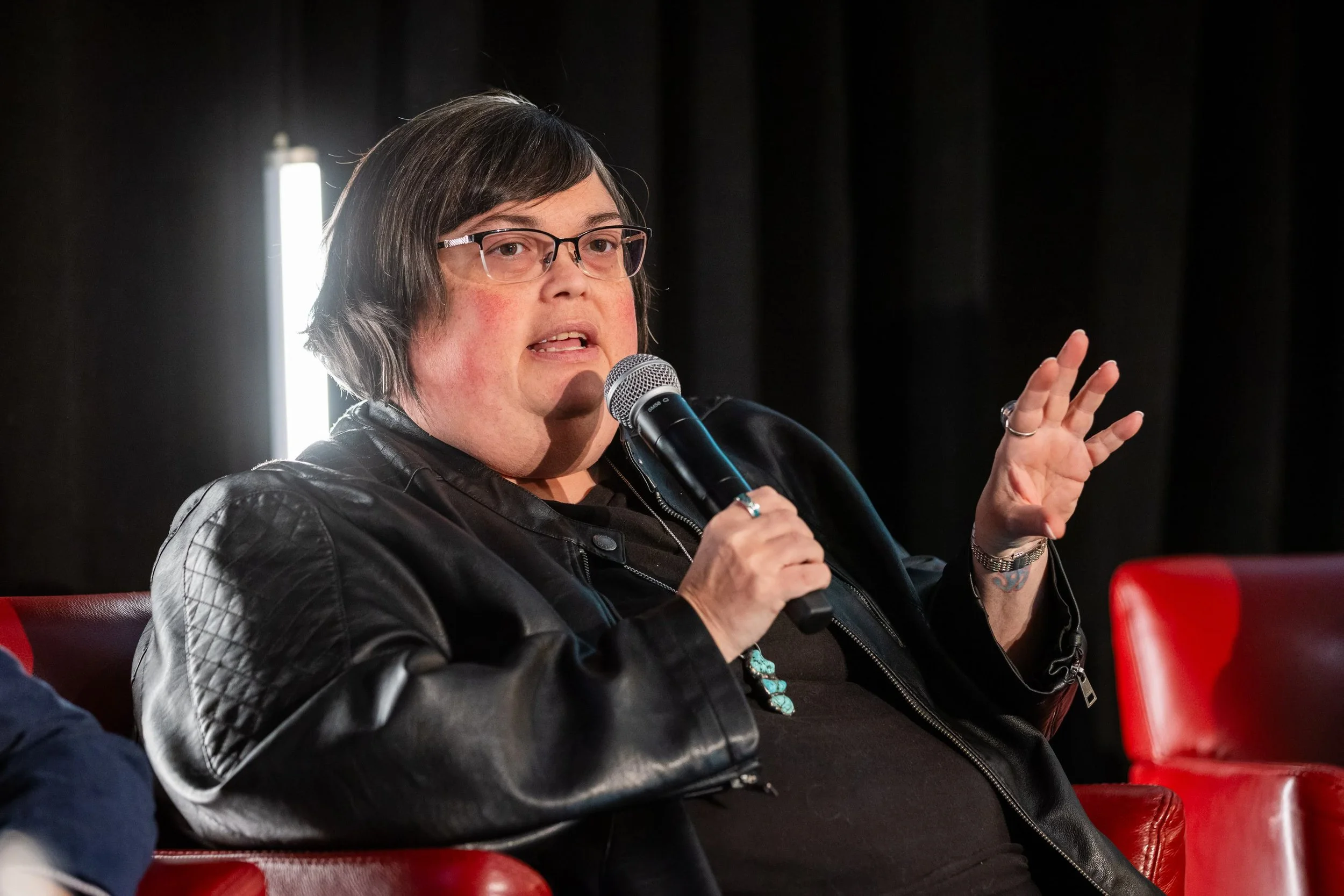 Joan Donovan, founder of The Critical Internet Studies Institute, speaks during panel discussion