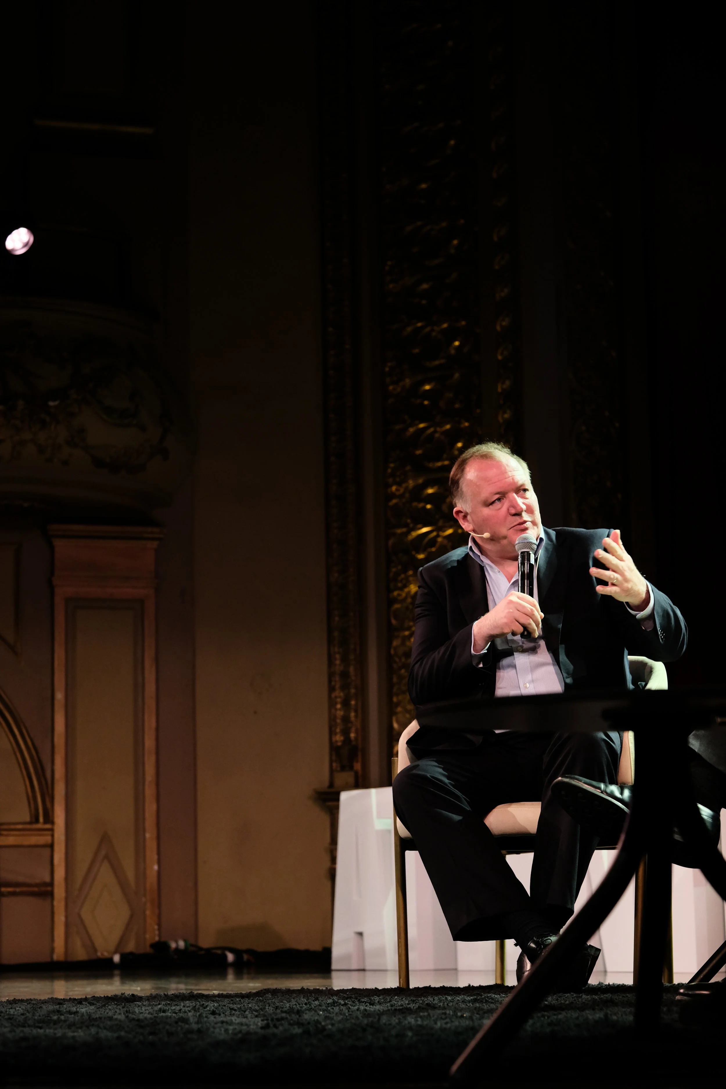 Damian Collins, Former UK Minister for Tech and the Digital Economy and Senior Fellow, Centre for Media, Technology and Democracy asks a question during a panel on the weaponization of tech governance.