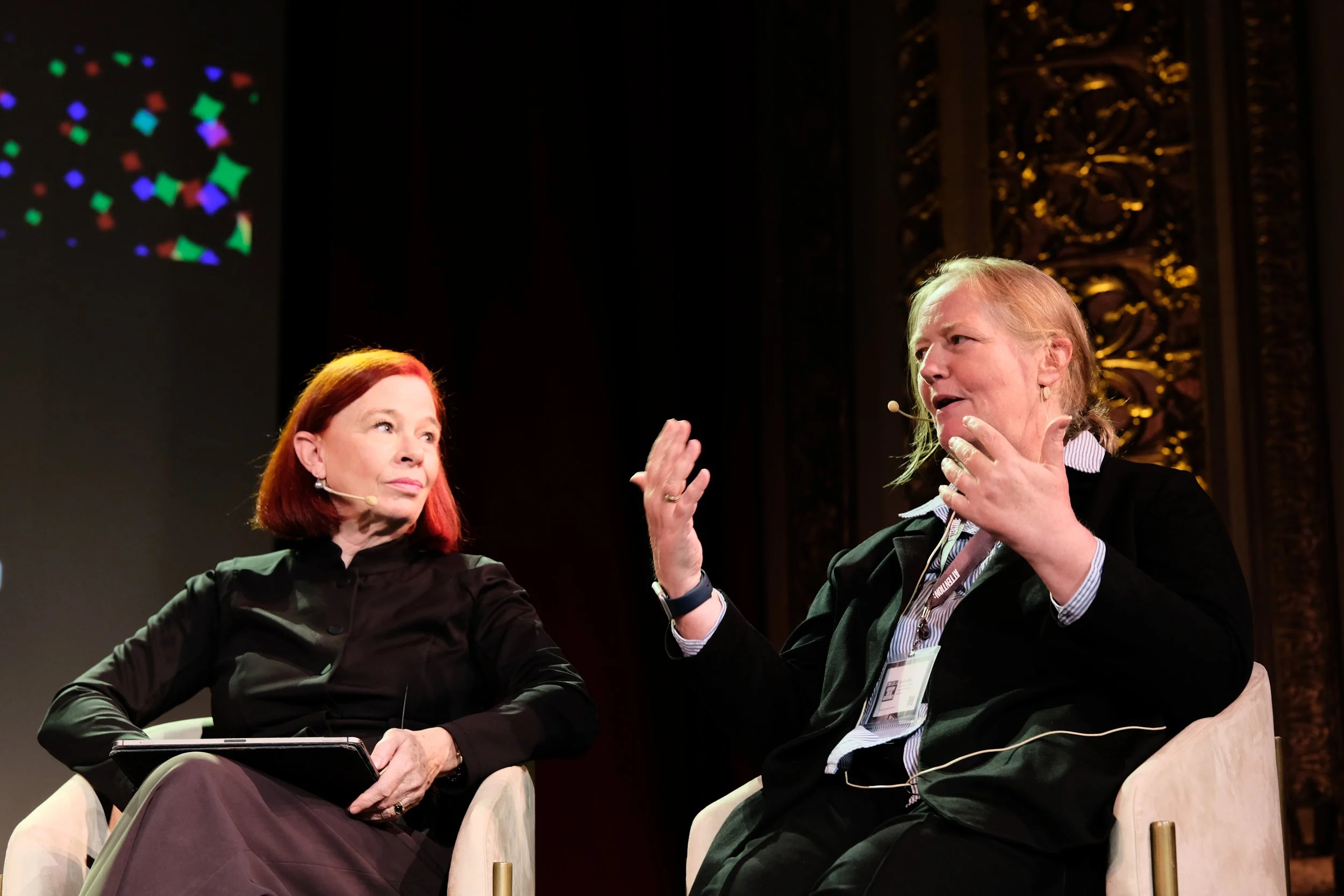 Catherine Tait, Advisor at New_ Public, listens to co-panelist Emily Bell, Professor of Professional Practice at Columbia University’s Graduate School of Journalism.