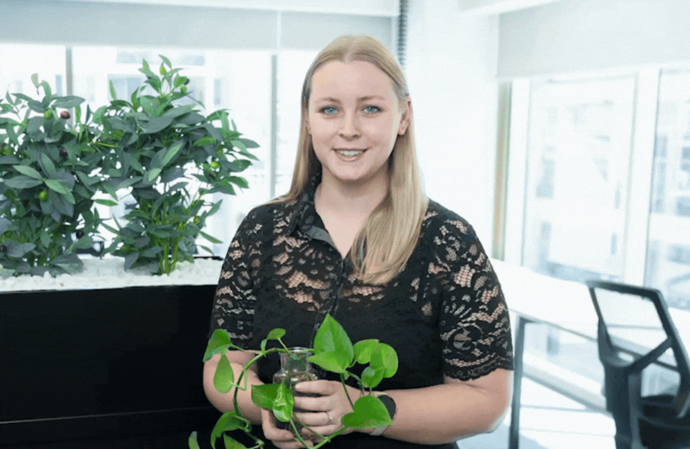 Team member, Sydney, holding up a plant as a GIF