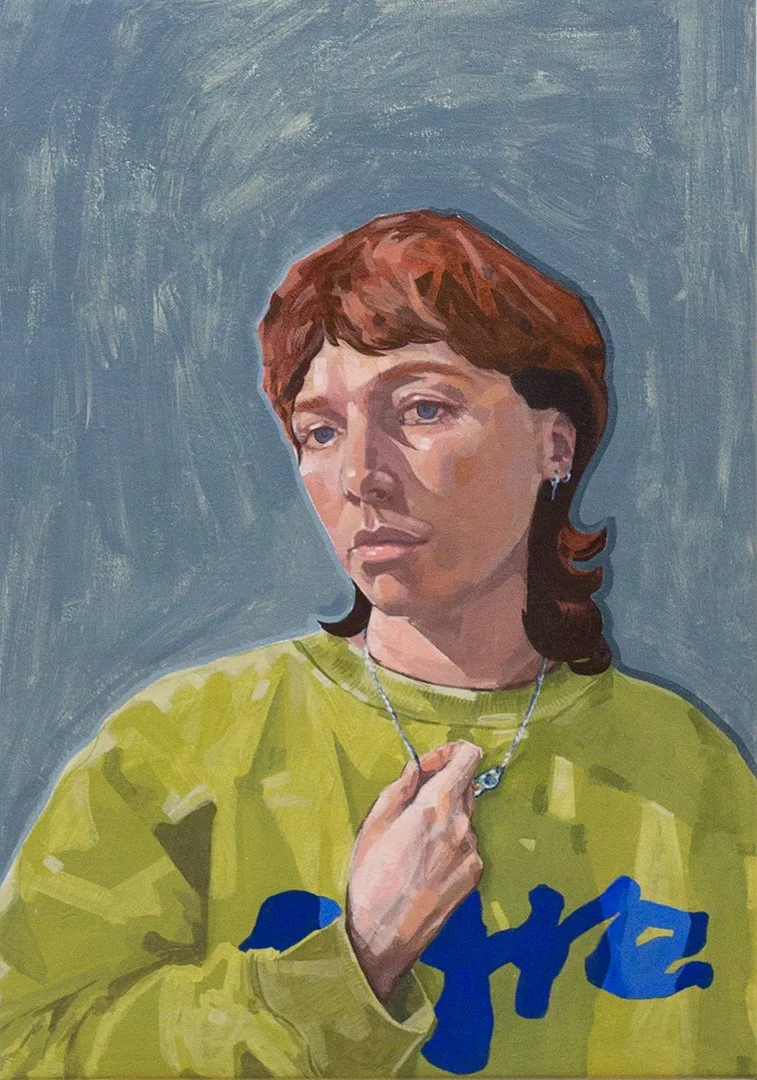 Painted portrait of a woman with reddish-brown hair wearing a yellow sweatshirt and holding a silver necklace.