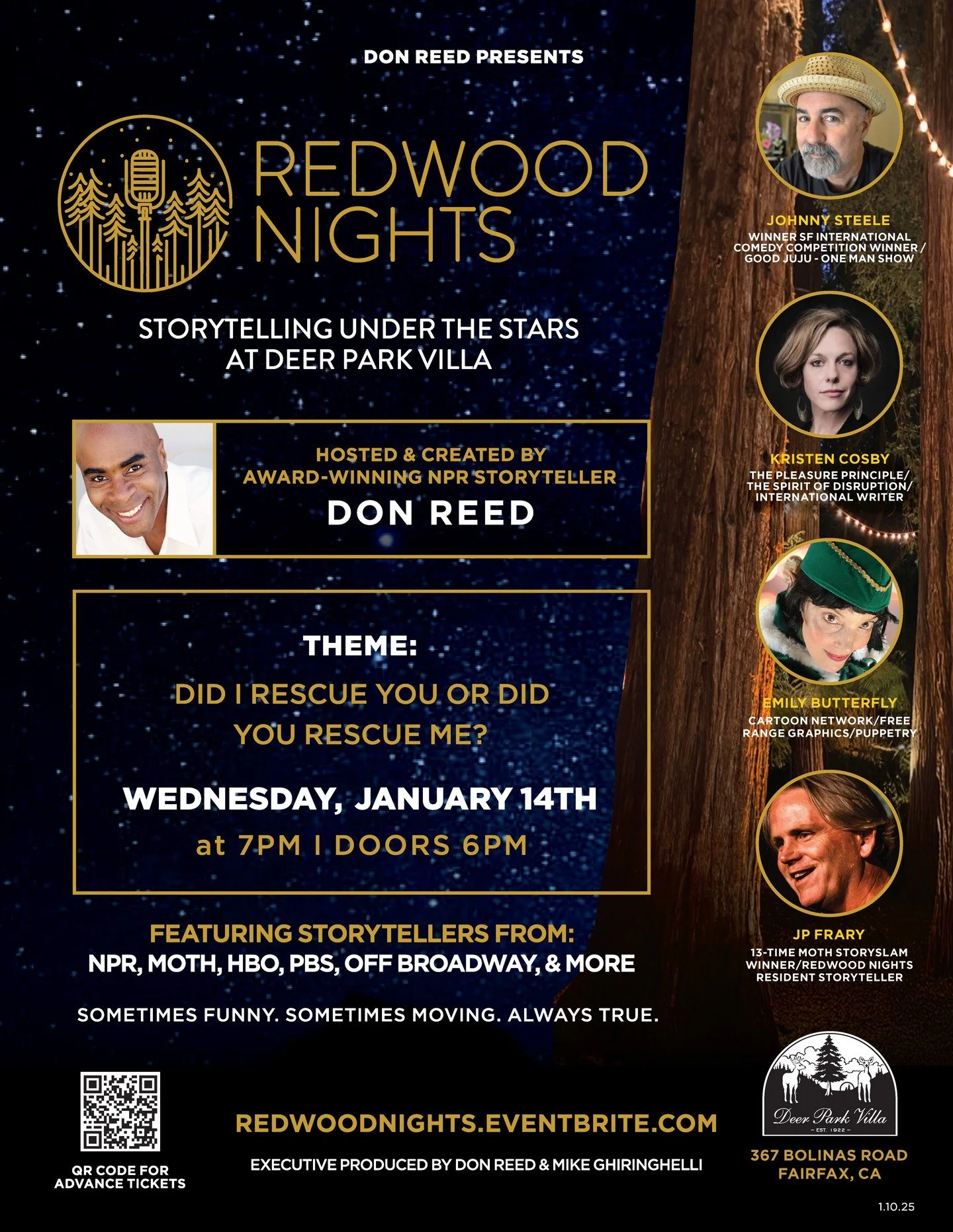This Wednesday night, I&rsquo;ll be sharing a story at Redwood Nights: Storytelling Under the Stars at Deer Park Villa in Fairfax.

Stories begin at 7pm
Doors open at 6pm

The evening&rsquo;s theme is &ldquo;Did I Rescue You, or Did You Rescue Me?&rd