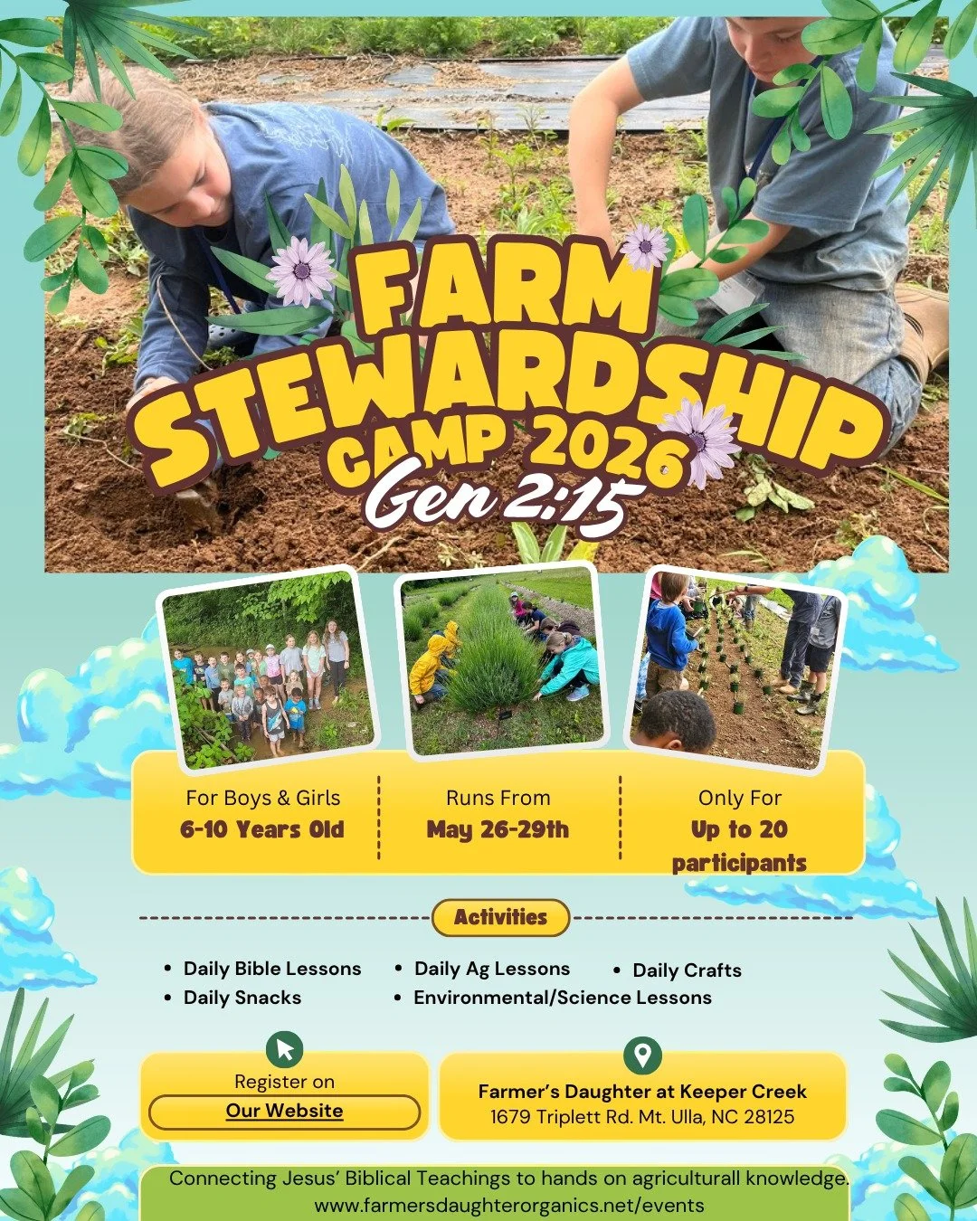Did you hear about our Faith-Based Farm Camp? Our goal is to connect Jesus' agrarian teachings by DOING so that campers will learn more about how to grow their own food AND have a better understanding of Jesus' lessons by connecting the two together!