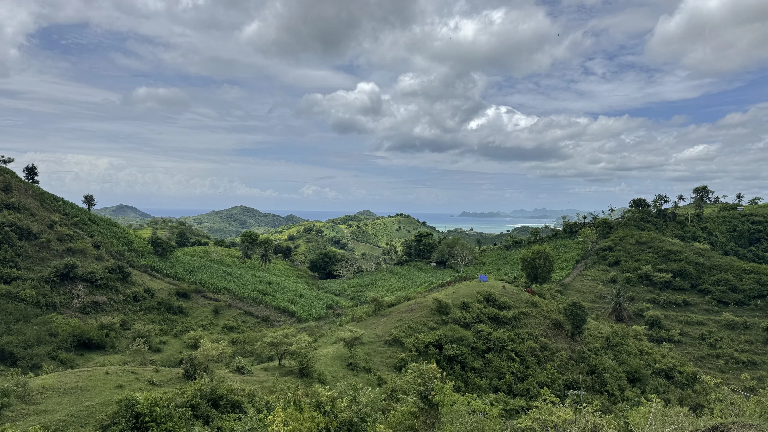 Green rolling hills with trees and crops, some structures, and a view of the ocean and distant islands under a partly cloudy sky.