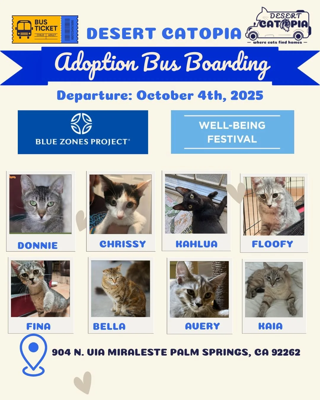 🌿🐾 This Saturday! 🐾🌿
Join the Desert Catopia Bus at the Blue Zone Well-Being Festival in Palm Springs for a day of health, happiness&hellip; and cats! 🐱💛 Our bus will be there with adorable adoptable cats ready to find their forever homes. ✨
✨ 