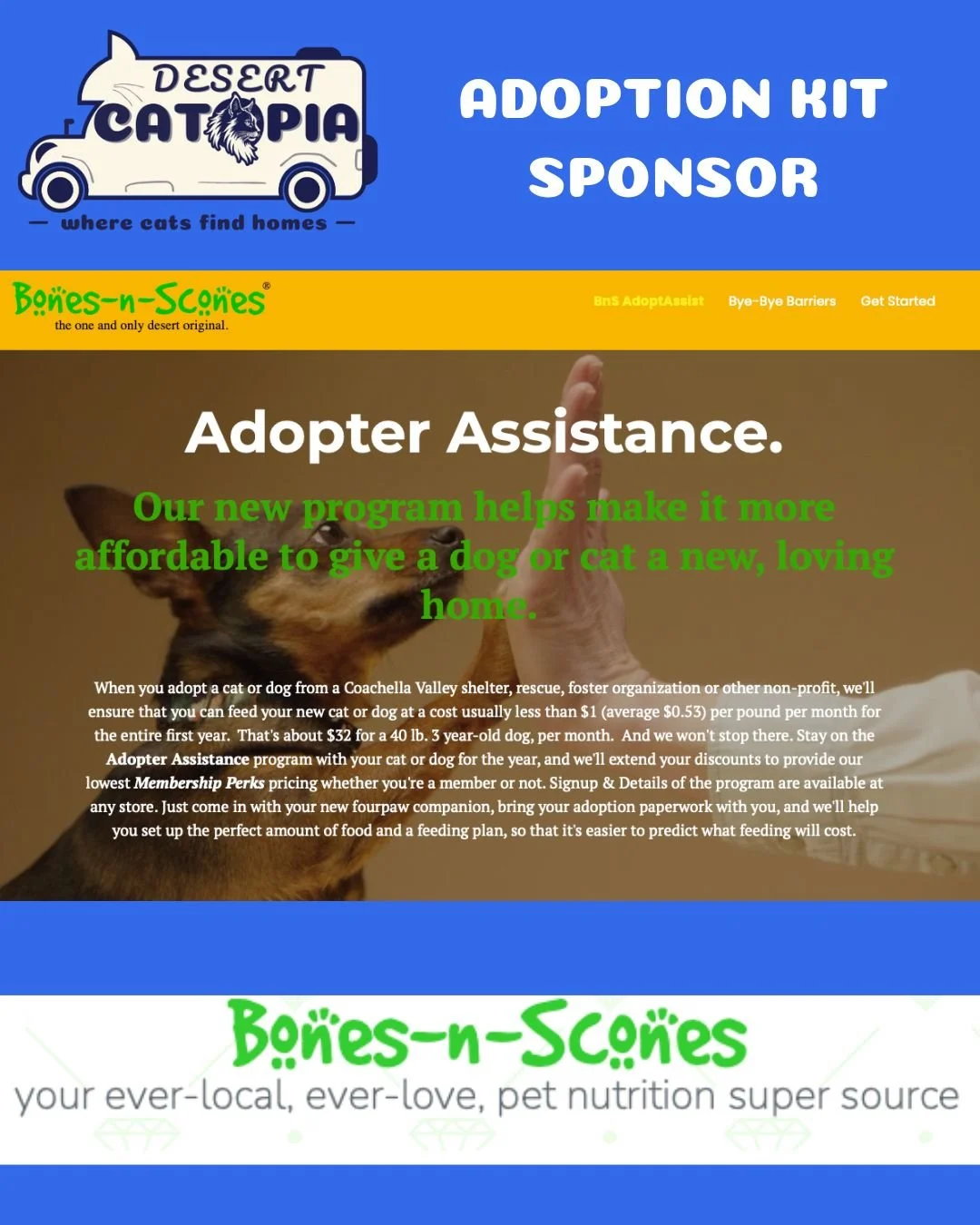 We&rsquo;re thrilled to announce our newest Adoption Kit Sponsor: Bones-n-Scones @bonesnsconesusa , our amazing local pet nutrition superstore! 🐱💛
Through their Adoption Assist Program, every cat or kitten adopted through Desert Catopia will have a