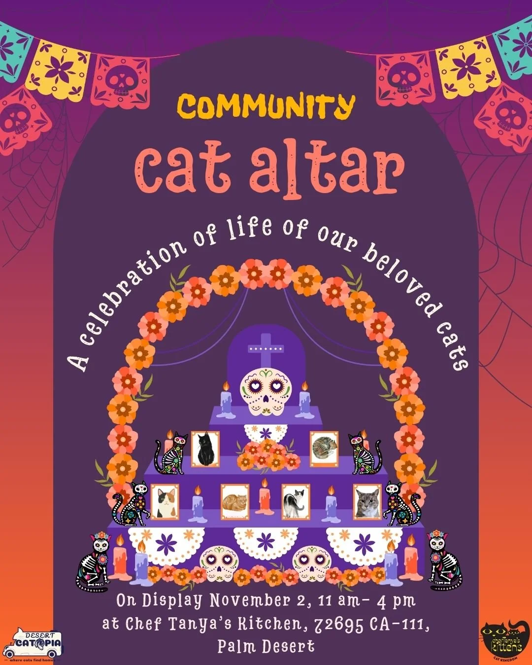 🌼 Community Cat Altar 🌼
This year, Desert Catopia and @cheftanyaskitchen are creating a Community Cat Altar to honor the beloved cats we&rsquo;ve lost &mdash; both pets and community cats.
Send a photo of your cat, their name, and a short dedicatio