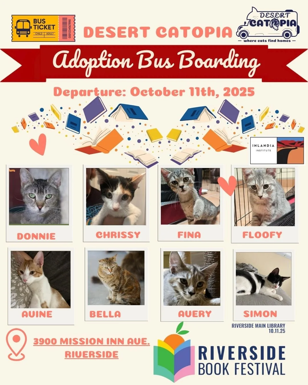 🐾📚 Cats + Books = The Pefect Story! 📚🐾
Join the Desert Catopia Bus this Saturday, October 11 at the Riverside Book Festival, where our love for cats and stories comes together in one magical day! 🐱✨
Our bus will be there with cats and kittens re