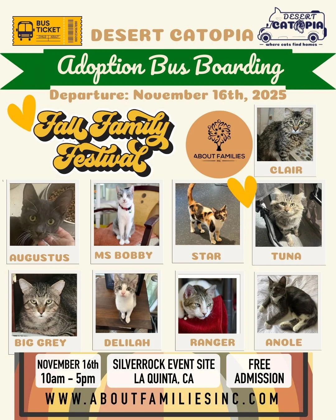 This Sunday, November 16th, Rain or Shine 
📍 Silver Rock Park, La Quinta
It&rsquo;s the 18th Annual Fall Family Festival, and Desert Catopia will be there with adoptable kitties ready to meet you!
Family fun + community resources + adorable cats = t