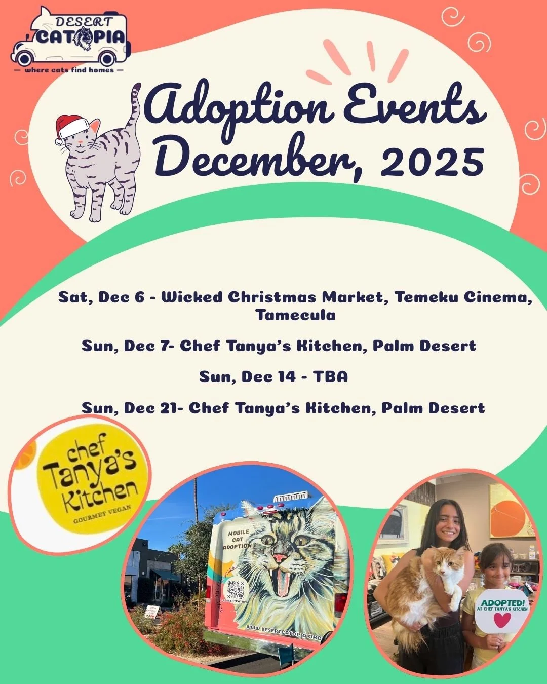 🐾 December Adoption Adventures! 🐾
December brings cozy weather, holiday magic, and the perfect chance for families to meet their new feline companions. Our adoption bus will be rolling into festive markets and local favorites all month long &mdash;
