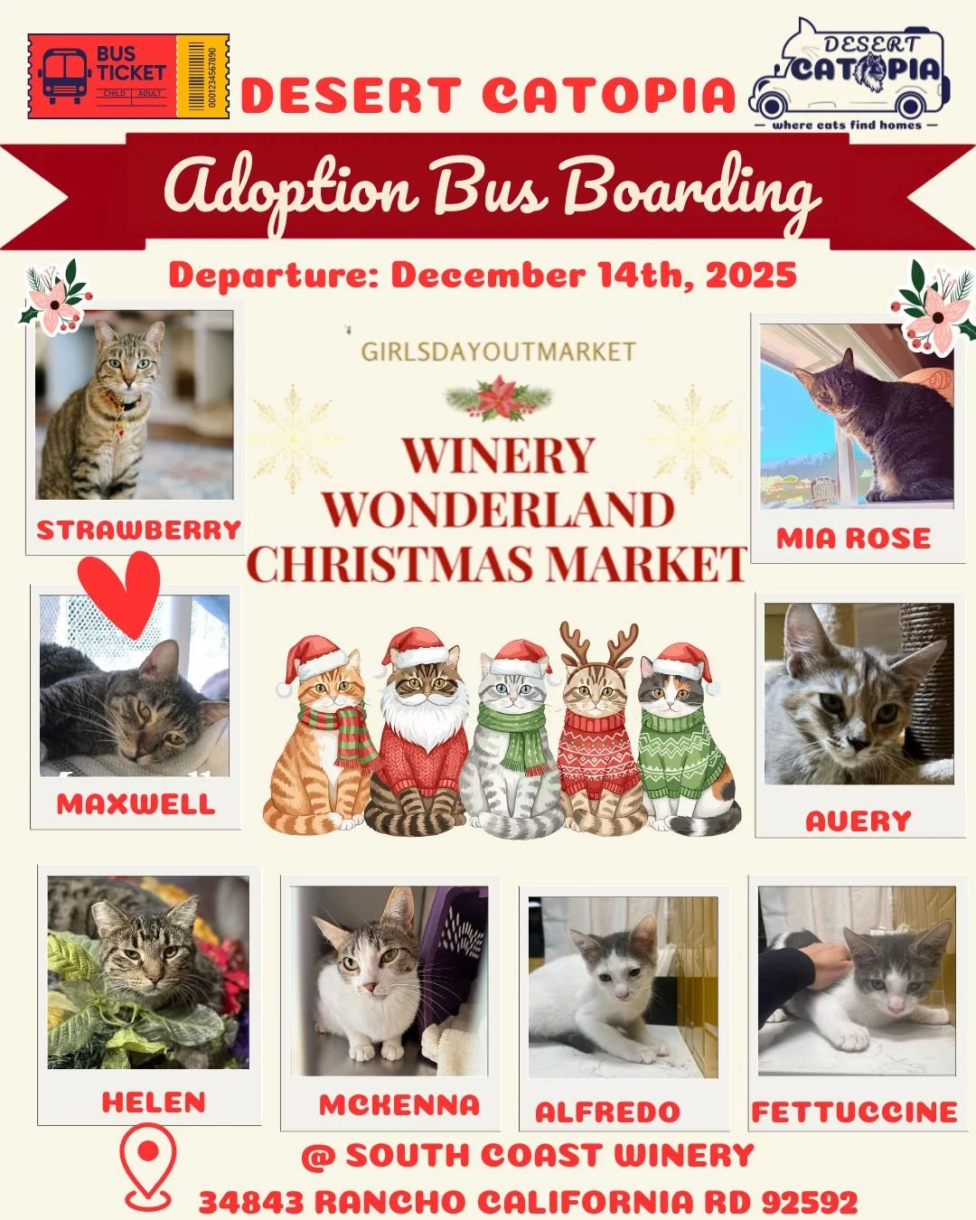 December 14th!
📍 South Coast Winery, Temecula
Join us for the Winery Wonderland Christmas Market presented by @girlsdayoutmarket!
🐾 Meet adoptable cats from Desert Catopia and our rescue friends @kittycorralers, @happydaysanimalhaven, and @kittylan