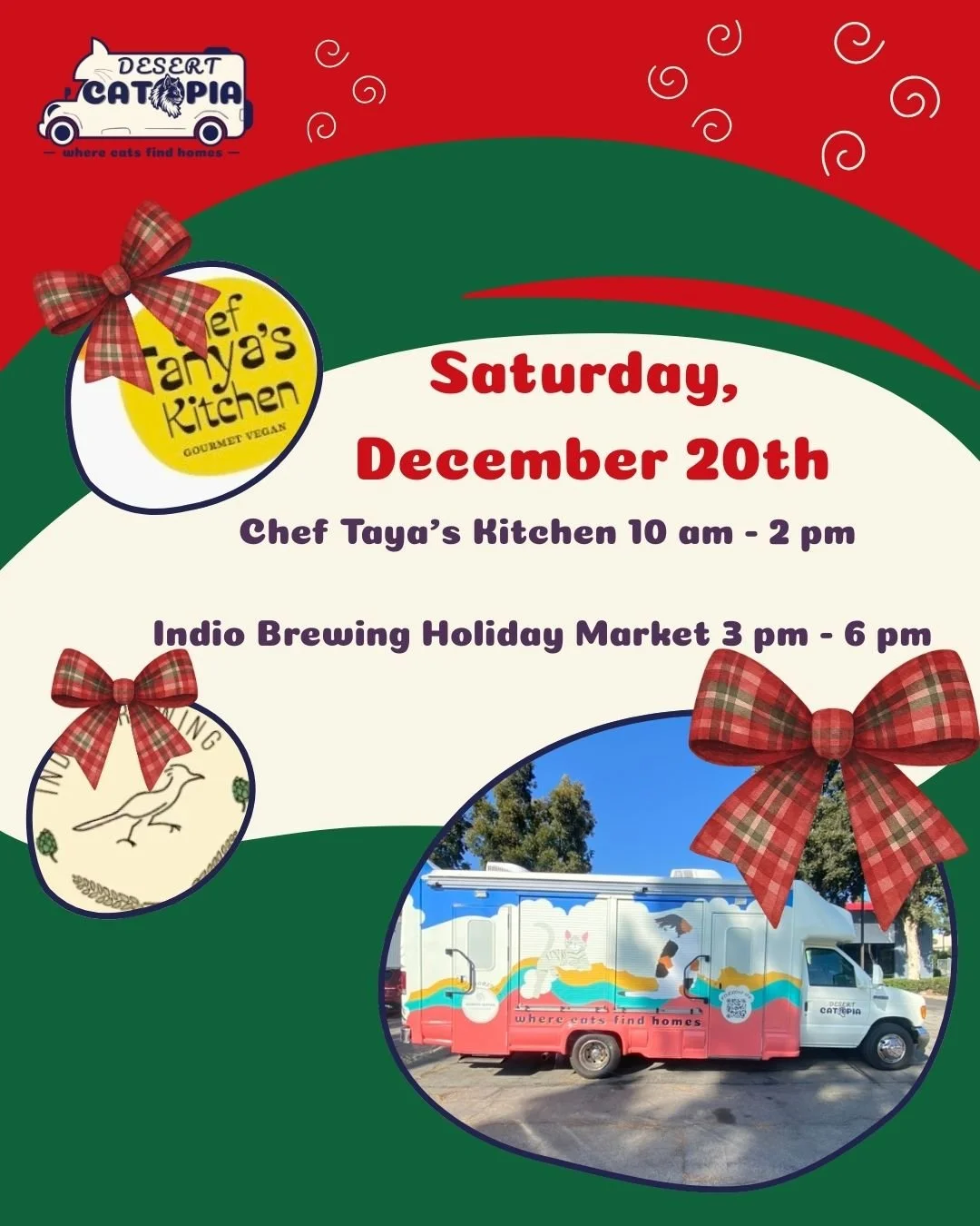 December 20th!
Two locations &bull; One amazing day of adoptions
Join us as the Desert Catopia Bus makes not one, but two very special adoption stops this Saturday.
🐾 Morning stop | 10:00 AM &ndash; 2:00 PM
📍 @cheftanyaskitchen 
Our absolute favori