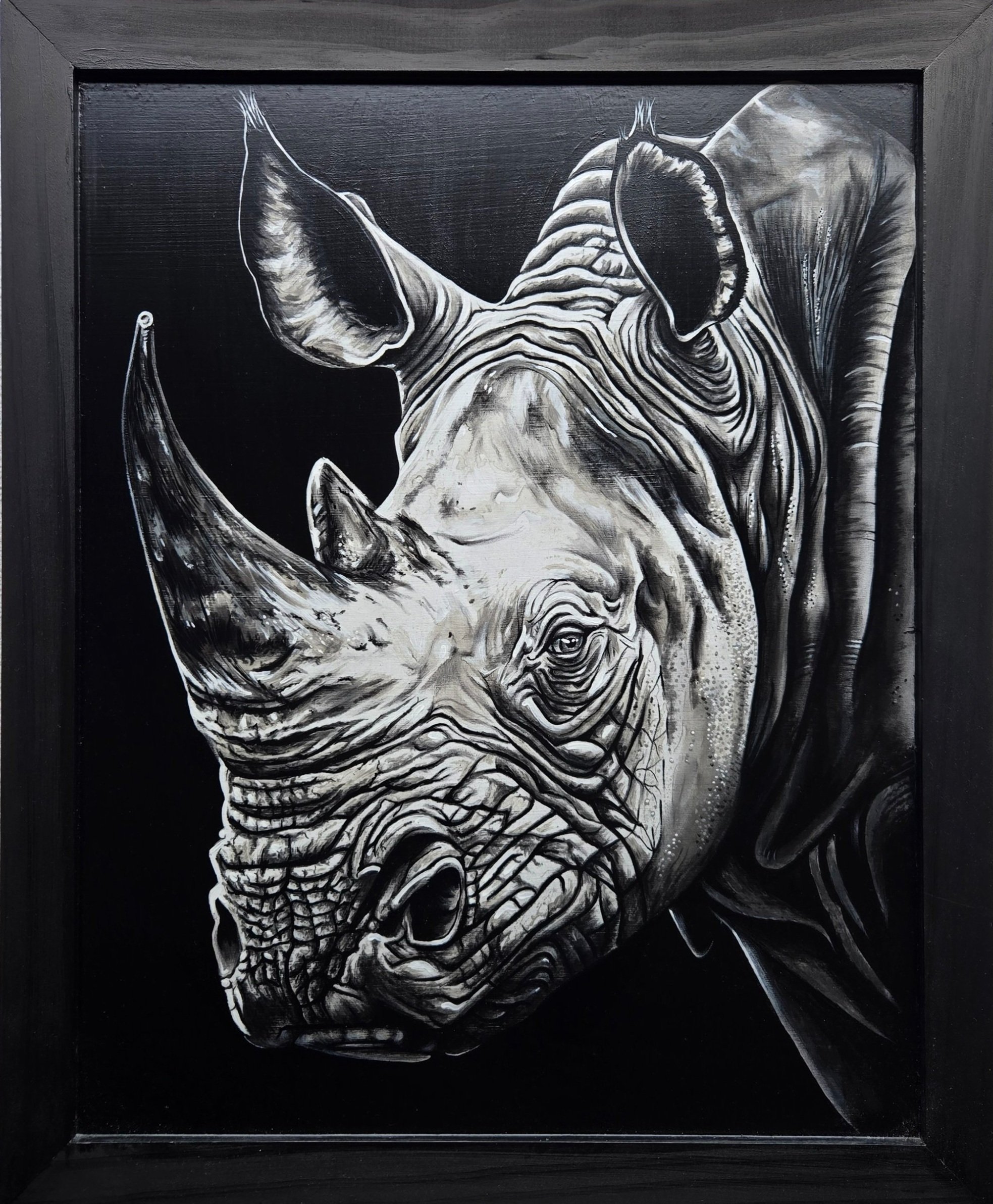 Rhino, fine art painting by Nate Doucette, rhino portrait on birch wood, 25 x 21 inches