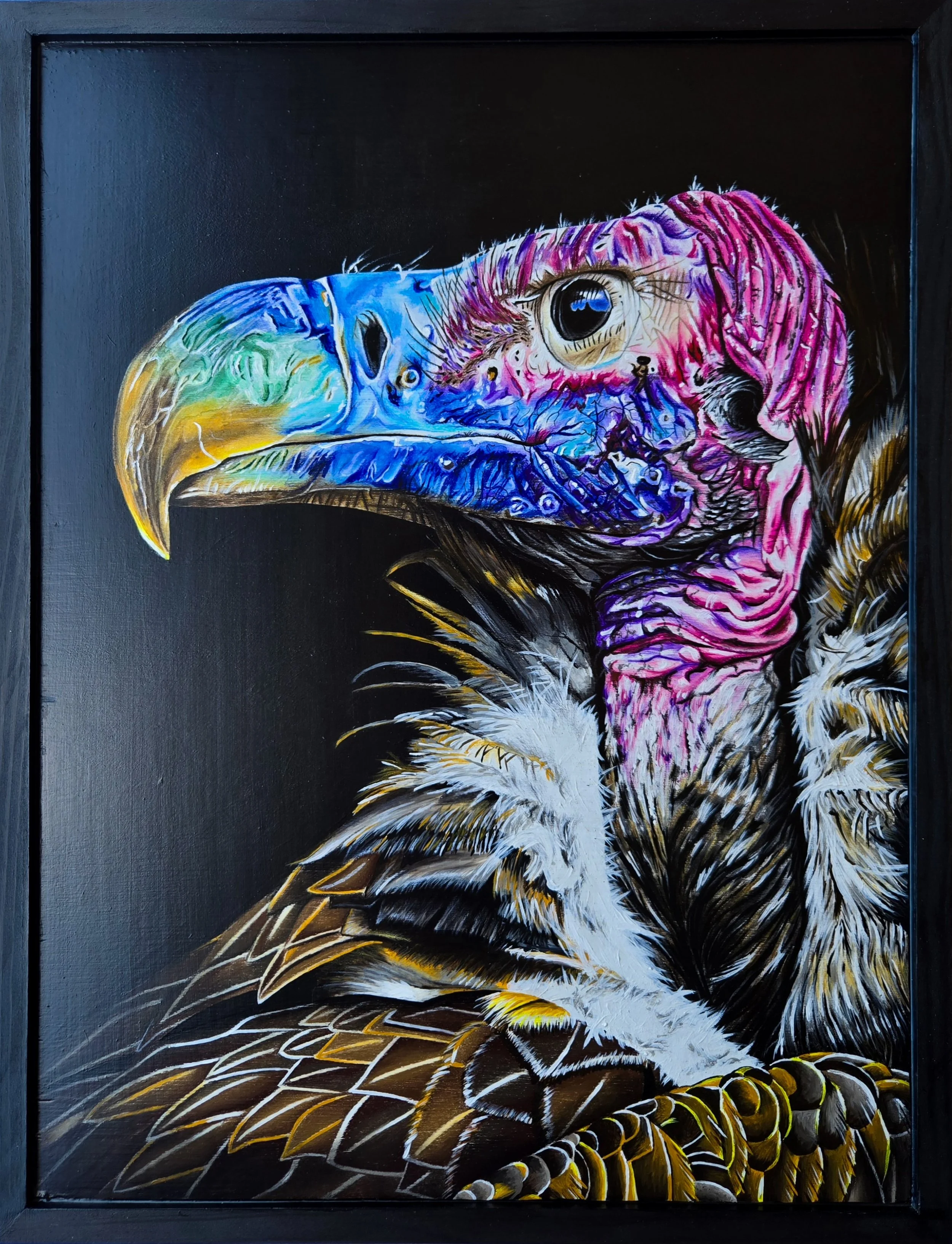 Vulture, fine art painting by Nate Doucette, vulture portrait on birch wood, 25 x 19 inches