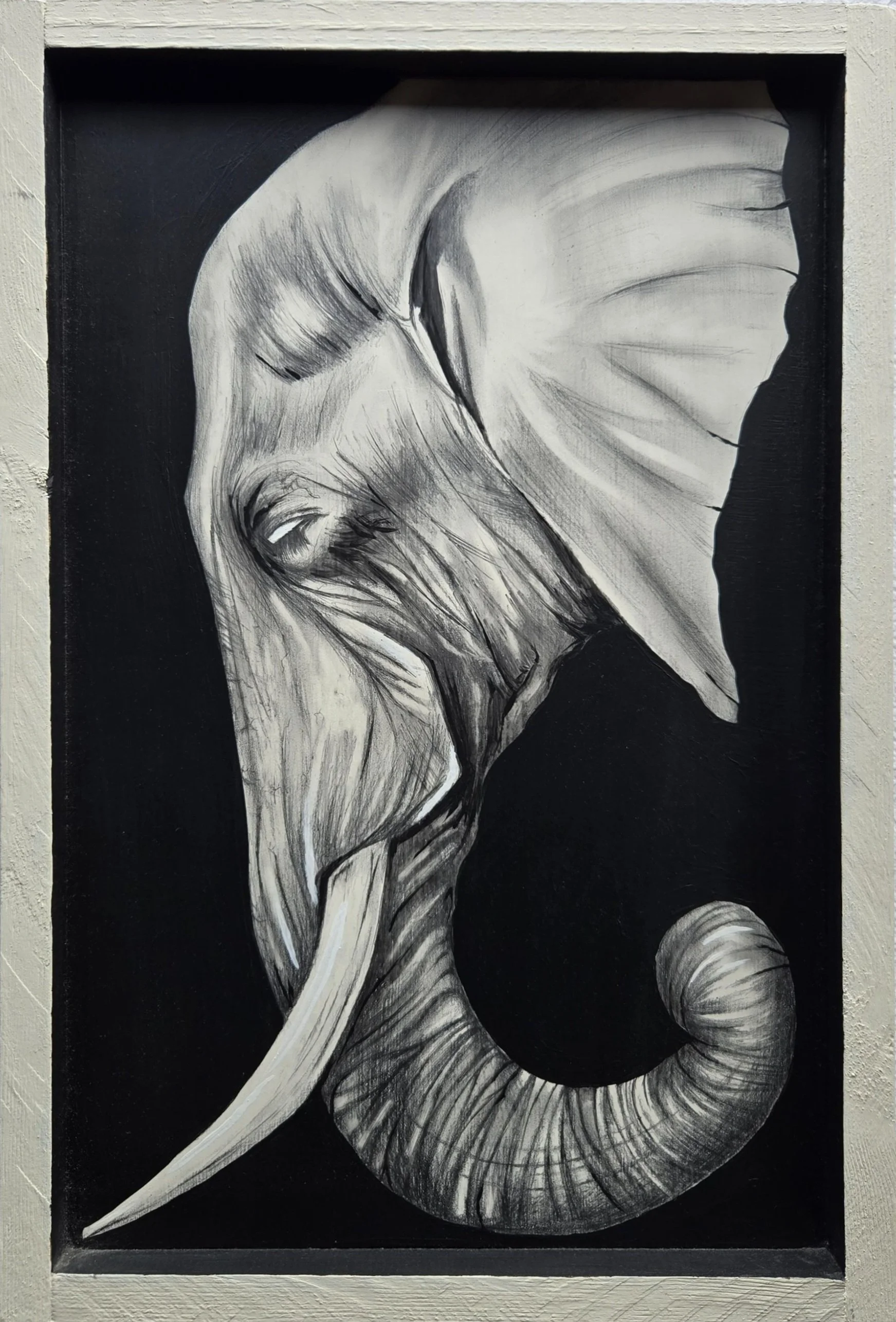 Mama Ele, fine art painting by Nate Doucette, elephant portrait on birch wood, 19 x 13 inches