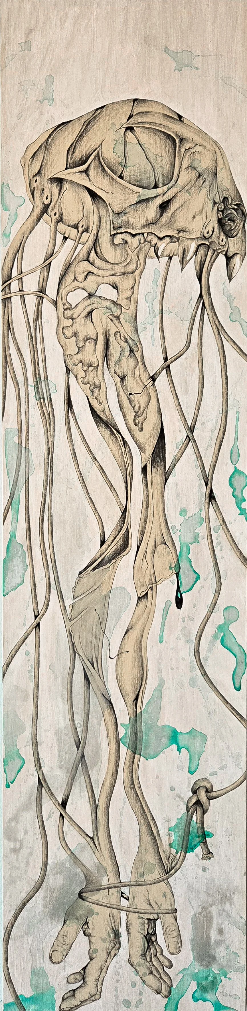 Man O' War, fine art painting by Nate Doucette, Surreal Ocean Series, skeletal jellyfish with tentacles, 44 x 11 inches